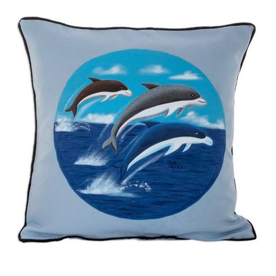Alternate image for Polyester Blue Cushion Cover with Hand-Painted Dolphins Marine Spirits