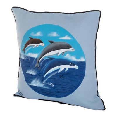 Alternate image for Polyester Blue Cushion Cover with Hand-Painted Dolphins Marine Spirits
