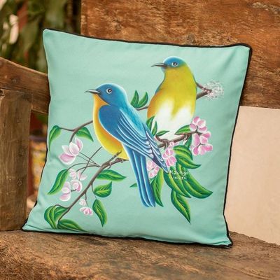Alternate image for Polyester Aqua Cushion Cover with Hand-Painted Birds Chanting Family