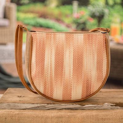 Primary image for Handloomed Half-Moon Leather-Accented Peach Cotton Sling Bag Moony Peach