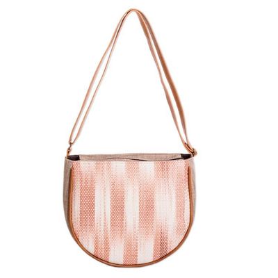 Alternate image for Handloomed Half-Moon Leather-Accented Peach Cotton Sling Bag Moony Peach