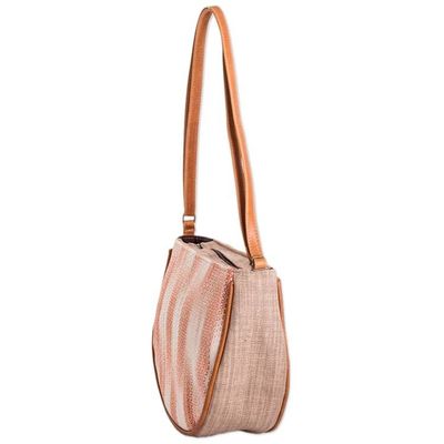 Alternate image for Handloomed Half-Moon Leather-Accented Peach Cotton Sling Bag Moony Peach