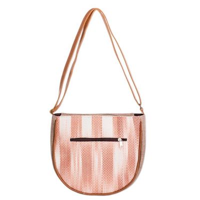Alternate image for Handloomed Half-Moon Leather-Accented Peach Cotton Sling Bag Moony Peach