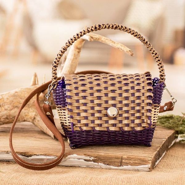 Alternate image for Purple Beige Handwoven Recycled Vinyl Cord Sling Handle Bag Golden Elegance