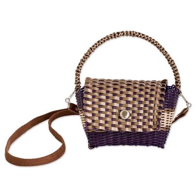 Alternate image for Purple Beige Handwoven Recycled Vinyl Cord Sling Handle Bag Golden Elegance
