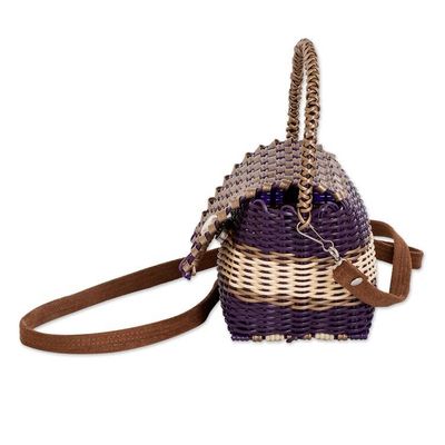 Alternate image for Purple Beige Handwoven Recycled Vinyl Cord Sling Handle Bag Golden Elegance