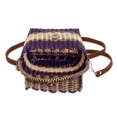 Alternate image for Purple Beige Handwoven Recycled Vinyl Cord Sling Handle Bag Golden Elegance