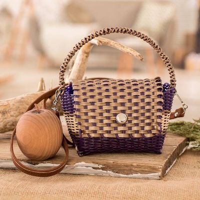 Alternate image for Purple Beige Handwoven Recycled Vinyl Cord Sling Handle Bag Golden Elegance