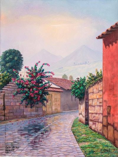 Alternate image for Signed and Stretched Realist Painting from Guatemala Las Animas Street III