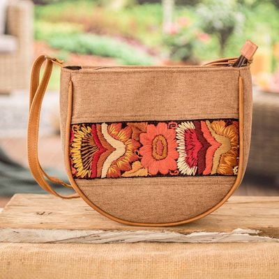 Primary image for Handloomed Half-Moon Leather-Accented Sepia Cotton Sling Bag Moony Autumn