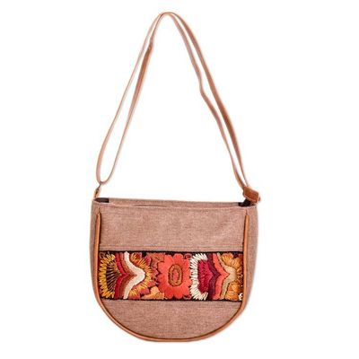Alternate image for Handloomed Half-Moon Leather-Accented Sepia Cotton Sling Bag Moony Autumn