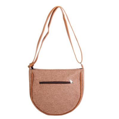 Alternate image for Handloomed Half-Moon Leather-Accented Sepia Cotton Sling Bag Moony Autumn