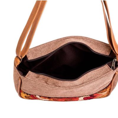 Alternate image for Handloomed Half-Moon Leather-Accented Sepia Cotton Sling Bag Moony Autumn