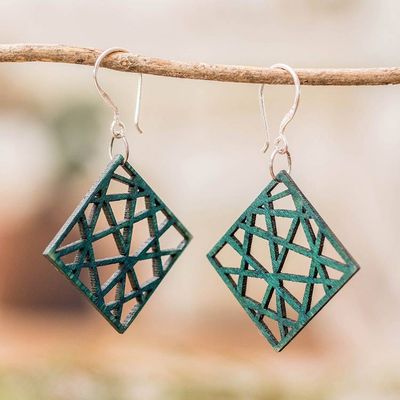 Alternate image for Rhombus-Shaped Eco-Friendly Reclaimed Wood Earrings in Teal Teal Diamonds