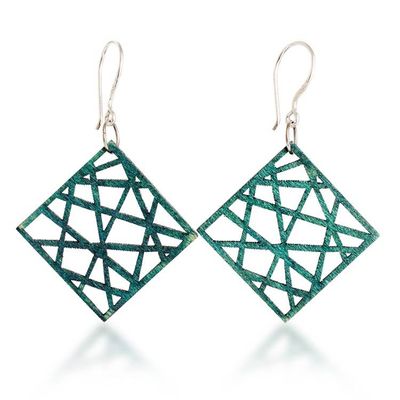 Alternate image for Rhombus-Shaped Eco-Friendly Reclaimed Wood Earrings in Teal Teal Diamonds