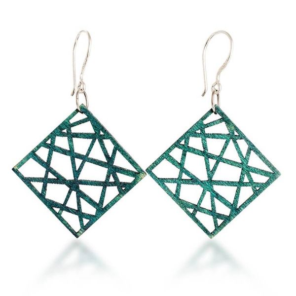 Alternate image for Rhombus-Shaped Eco-Friendly Reclaimed Wood Earrings in Teal Teal Diamonds