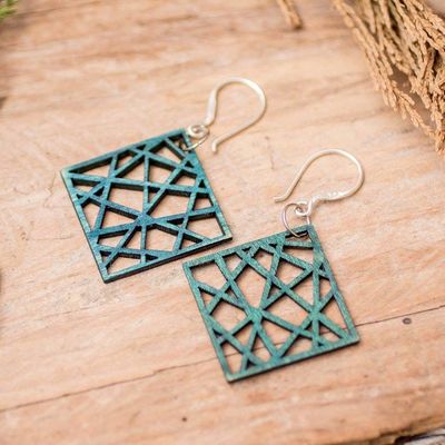 Alternate image for Rhombus-Shaped Eco-Friendly Reclaimed Wood Earrings in Teal Teal Diamonds