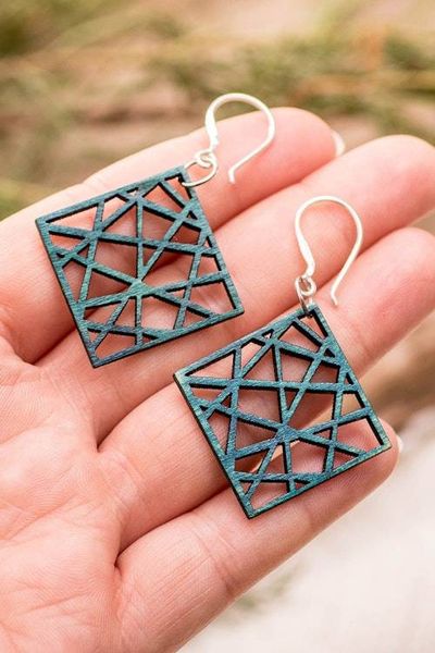 Alternate image for Rhombus-Shaped Eco-Friendly Reclaimed Wood Earrings in Teal Teal Diamonds