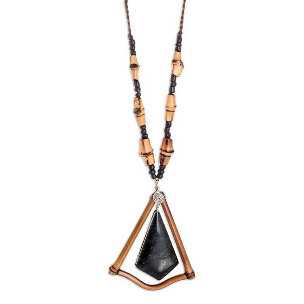 Alternate image for Dark Green Jade and Bamboo Beaded Pendant Necklace Natural Grace
