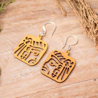 Alternate image for Maya-Inspired Yellow Openwork Reclaimed Wood Dangle Earrings Mayan Essence in Yellow