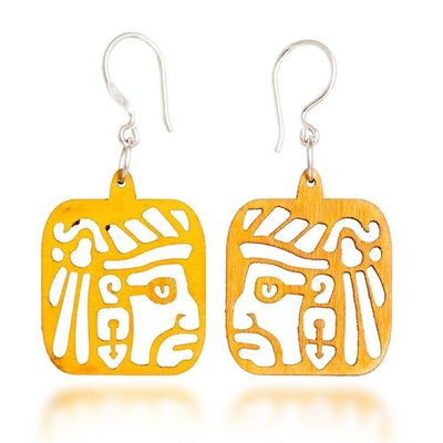 Alternate image for Maya-Inspired Yellow Openwork Reclaimed Wood Dangle Earrings Mayan Essence in Yellow