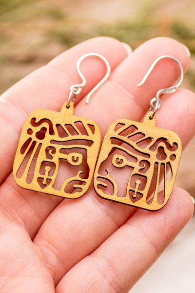 Alternate image for Maya-Inspired Yellow Openwork Reclaimed Wood Dangle Earrings Mayan Essence in Yellow