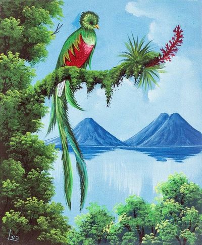 Alternate image for Impressionist Oil Painting of Quetzal Bird with Flower Quetzal and Flower