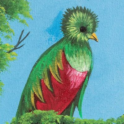 Alternate image for Impressionist Oil Painting of Quetzal Bird with Flower Quetzal and Flower
