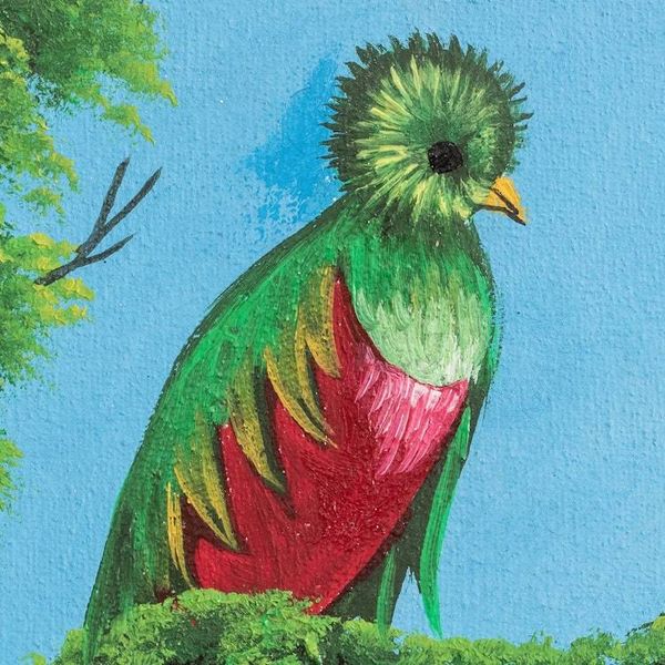 Alternate image for Impressionist Oil Painting of Quetzal Bird with Flower Quetzal and Flower