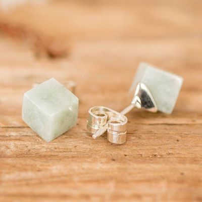 Alternate image for Minimalist Apple Green Jade Silver Cube Button Earrings Green Cube