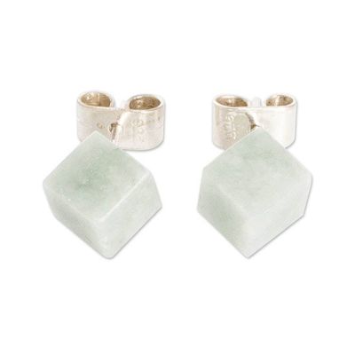 Alternate image for Minimalist Apple Green Jade Silver Cube Button Earrings Green Cube