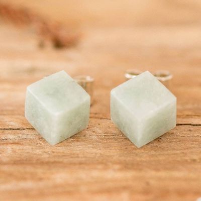 Alternate image for Minimalist Apple Green Jade Silver Cube Button Earrings Green Cube