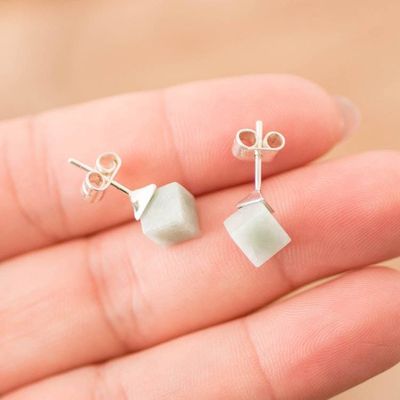 Alternate image for Minimalist Apple Green Jade Silver Cube Button Earrings Green Cube