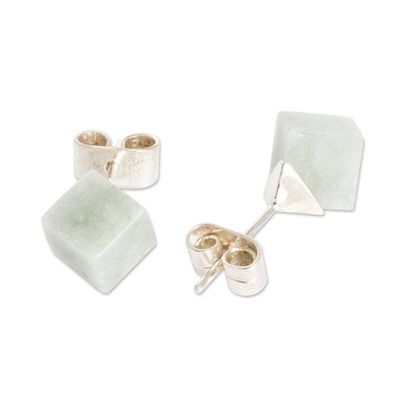 Alternate image for Minimalist Apple Green Jade Silver Cube Button Earrings Green Cube