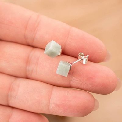 Alternate image for Minimalist Apple Green Jade Silver Cube Button Earrings Green Cube