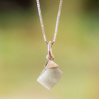Alternate image for Modern Apple Green Jade Silver Cube-Shaped Pendant Necklace Green Cube