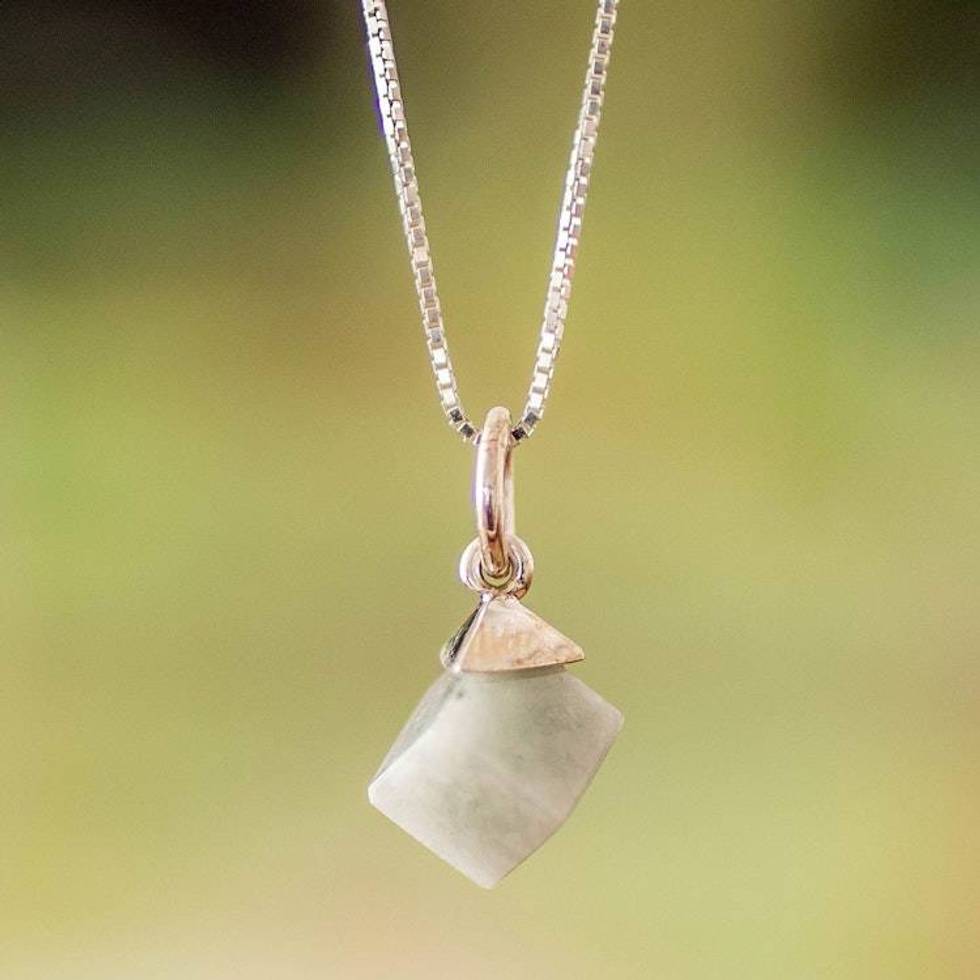 Modern Apple Green Jade Silver Cube-Shaped Pendant Necklace 'Green Cube'