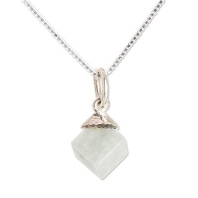 Alternate image for Modern Apple Green Jade Silver Cube-Shaped Pendant Necklace Green Cube