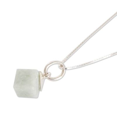 Alternate image for Modern Apple Green Jade Silver Cube-Shaped Pendant Necklace Green Cube