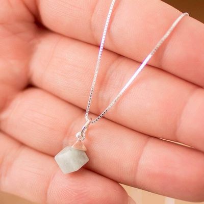 Alternate image for Modern Apple Green Jade Silver Cube-Shaped Pendant Necklace Green Cube