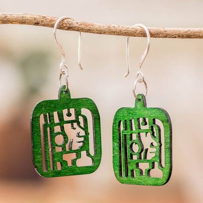 Primary image for Maya-Themed Hand-Carved Openwork Reclaimed Wood Earrings Mayan Essence in Green