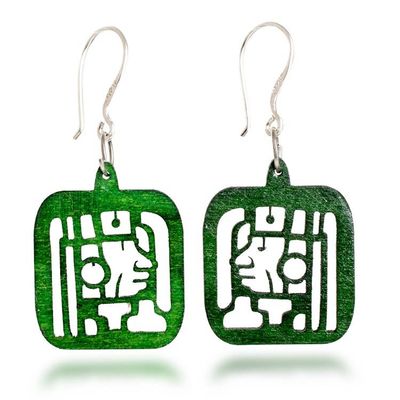 Alternate image for Maya-Themed Hand-Carved Openwork Reclaimed Wood Earrings Mayan Essence in Green