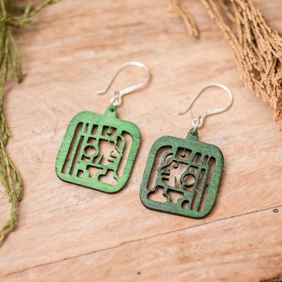 Alternate image for Maya-Themed Hand-Carved Openwork Reclaimed Wood Earrings Mayan Essence in Green