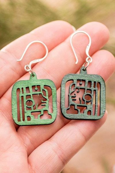 Alternate image for Maya-Themed Hand-Carved Openwork Reclaimed Wood Earrings Mayan Essence in Green