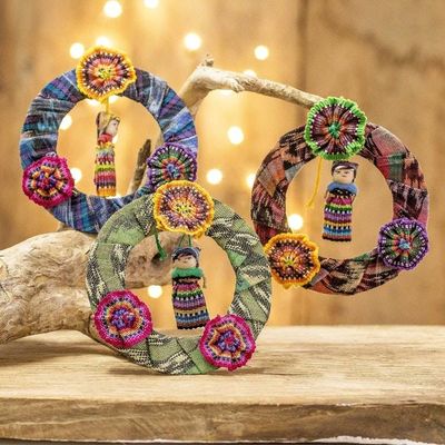 Alternate image for Guatemalan Set of 3 Handcrafted Cotton Doll Ornaments Joyful Friends