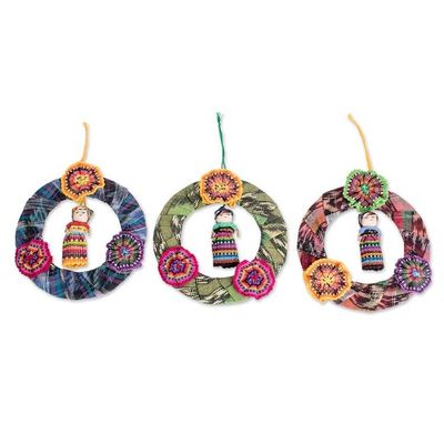 Alternate image for Guatemalan Set of 3 Handcrafted Cotton Doll Ornaments Joyful Friends