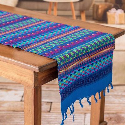 Alternate image for Handwoven Blue Geometric Cotton Table Runner with Fringes Sea Path