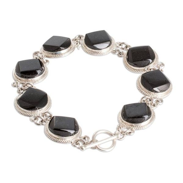 Alternate image for Sterling Silver Geometric Link Bracelet with Black Jade Glamorous Geometry