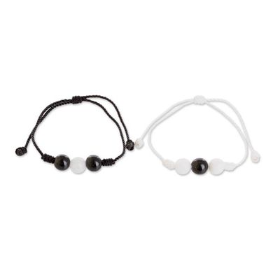 Alternate image for White and Black Cord Bracelets with Jade and Quartz Pair Opposite Energies