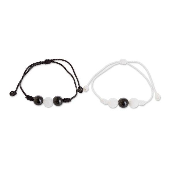 Alternate image for White and Black Cord Bracelets with Jade and Quartz Pair Opposite Energies